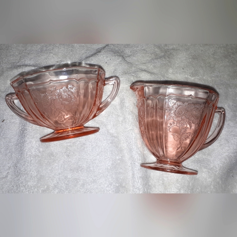 *as is Vintage Floral Pink Depession Glass Cream and Sugar